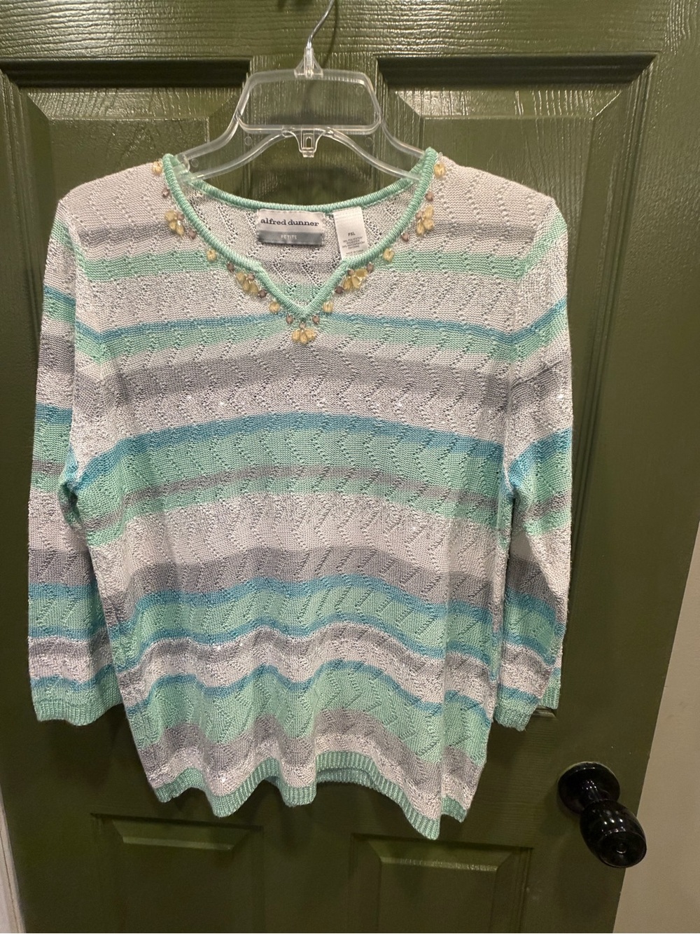 Alfred Dunner Mint, Gray & Blue Striped V-Neck Sweater